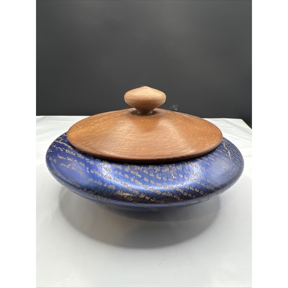 Artisan Hand Turned Wood Lidded Bowl Signed Powell 2014 Cerused Blue Gold Oak
